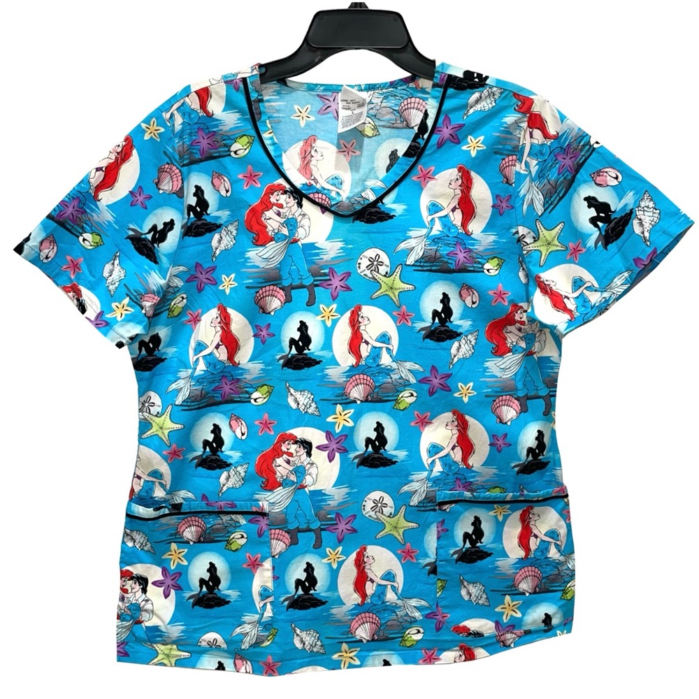 Disney The Little Mermaid Eric Blue Scrub Top Size Large Adult Medic Uniform